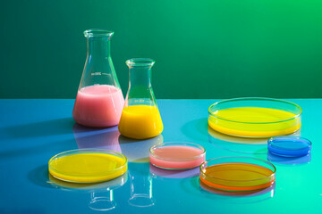 Minimal concept with lab equipments decorated: erlenmeyer flasks and petri dishes filled with...