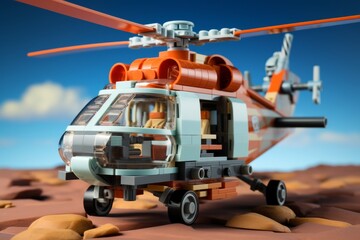 3D Render of a  Helicopter Toy, on an isolated Sky Blue background, Generative AI