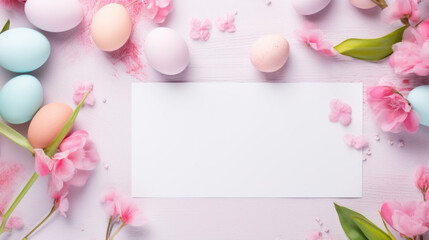 Fototapeta na wymiar A soft pink Easter setting with a collection of pastel eggs and delicate flowers around a blank white canvas.