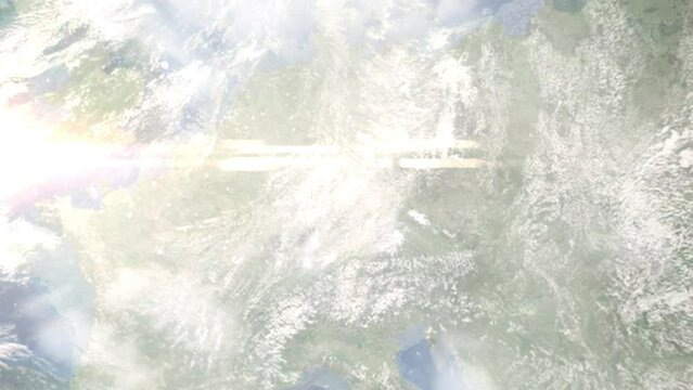 Zoom in from space and focus on Kitzingen, Germany. 3D Animation. Background for travel intro. Elements of this image furnished by NASA.