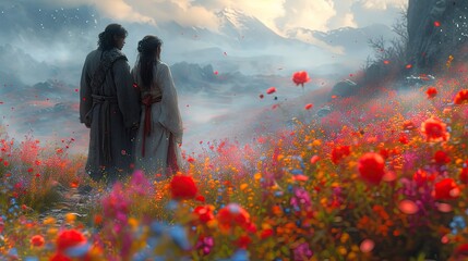 A male and female couple stand back to back in the Kamunosoto flower field