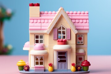  3D Render of a LEGO-style Dollhouse Toy, on an isolated Pastel Pink background, Generative AI