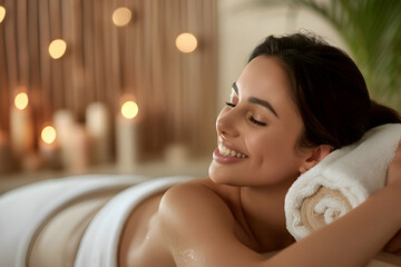 Obraz na płótnie Canvas Portrait of a woman in spa. A beautiful woman having a massage in a spa.
