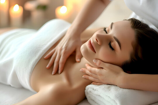 A beautiful woman having a massage in spa. A woman have a neck massage. Relaxing and have a good time. 