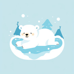 Cute Happy Polar Bear in a Winter Snowscape, Snowy, Wintery Scene Digital Illustration Vector 