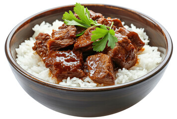 Wooden bowl with beef with rice isolated on transparent background, Asian cuisine