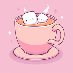 Kawaii Marshmellows in a Coffee Cup, Pink Digital Illustration, Hot Chocolate, Tea, Mug