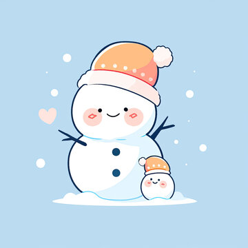 Cute Happy Kawaii Snowman, Blue Background Vector Illustration Winter Graphic
