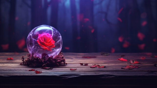 A captivating rose encased in a glass sphere with ethereal lighting, evoking a magical ambiance.