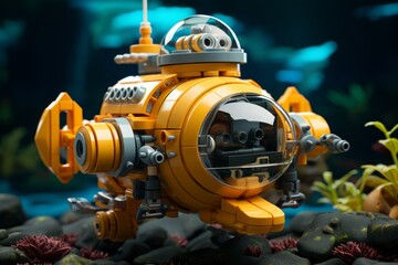 3D Render Underwater Explorer Toy, on an isolated Ocean Blue background, Generative AI - obrazy, fototapety, plakaty