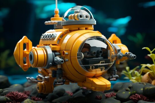 3D Render Underwater Explorer Toy, on an isolated Ocean Blue background, Generative AI