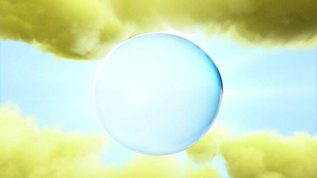 3D Animation Blue Macro Liquid Collagen Serum Vitamin, Bubbles slow movement on Blue sky with clouds and sun background.