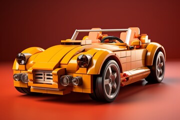 3D Render  Brick Car Toy, on an isolated Racing Red background, Generative AI - obrazy, fototapety, plakaty