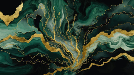 Obraz premium handmade painting with gold and emerald green leaves , Green marble texture background, natural marbel tiles for ceramic wall,green and gold marble luxury wall texture with shiny golden veins pattern