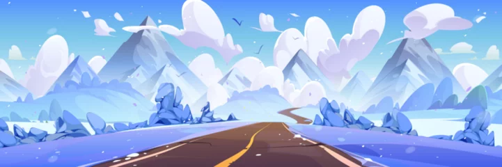 Fotobehang Empty road in middle of snowy meadows with bushes and trees leading to rocky mountains in winter. Cartoon cold season landscape with asphalt highway, fields covered with snow and hills on horizon. © klyaksun