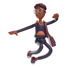3D illustration. 3D Smiley Student Cartoon Illustration in a jumping pose. wearing a cute bag. showing a funny laughing expression. 3D Cartoon Character