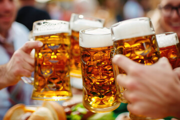 The lively spirit of Oktoberfest, with overflowing beer steins and flavorful bratwurst - obrazy, fototapety, plakaty