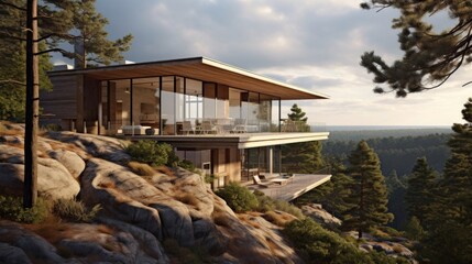 Fototapeta na wymiar contemporary wooden villa on the edge of a cliff with views of the forest
