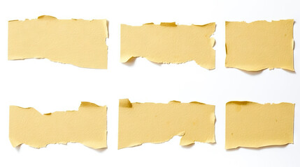 Set of different size yellow adhesive sticky tapes., strips of ripped yellow textured adhesive kraft paper, masking tape, 