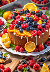 Cake Covered in Fresh Fruit and Drizzled With Icing