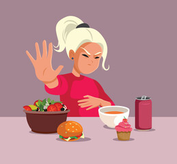 Vector Girl Making Full Stomach Gesture Unable to Eat More. Teen suffering from an eating disorder being restrictive with food
