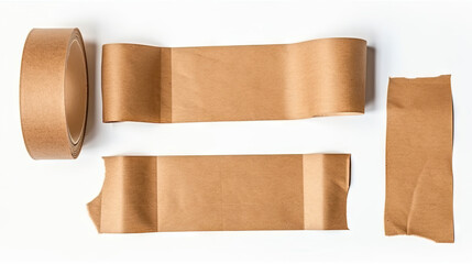Fototapeta na wymiar Set of different size brown adhesive sticky tapes., strips of ripped brown textured adhesive kraft paper, masking tape,