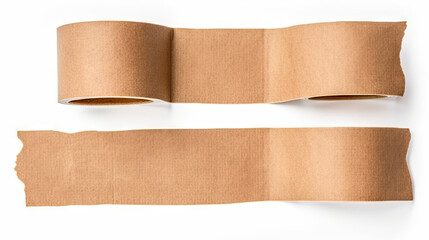 Set of different size brown adhesive sticky tapes., strips of ripped brown textured adhesive kraft paper, masking tape,