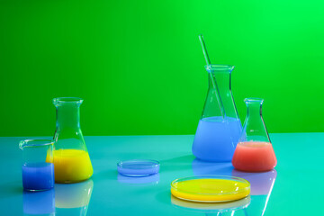 Science and medical background with lab glassware filled with colorful liquid displayed on green gradient background. Front view, empty space for product presentation