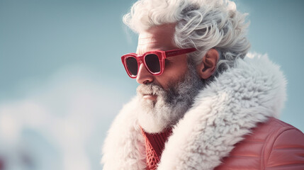 A fashionable older man with white hair and beard, wearing stylish red sunglasses and a luxurious white fur collar against a cool blue backdrop.