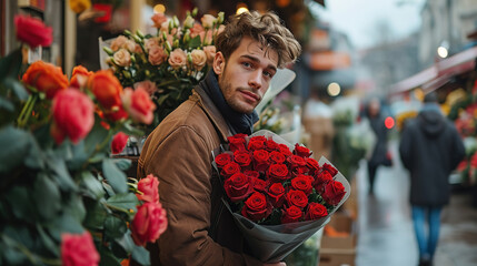 A handsome man buys a large bouquet of flowers on a snowy street as a gift for Valentine's day
