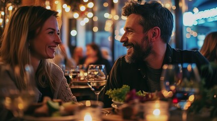 Side view portrait of laughing couple enjoying date in cafe - Powered by Adobe