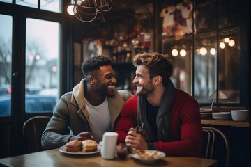 Happy couple of gay men have breakfast together for Valentine's Day - obrazy, fototapety, plakaty