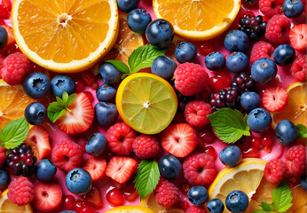 Close-up of Oranges, Raspberries, Lemons, and Other Fresh Fruits