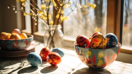 Beautiful easter eggs in a bowl in the kitchen