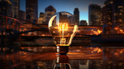 Arafed light bulb on a table with a city in the background. This image is perfect for illustrating innovative ideas, creative concepts, and urban-themed designs for various marketing and promotional m