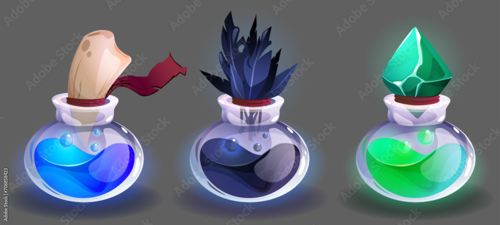 Poster glass bottles with magic colorful potion or medicine with emerald, canine tooth and crow feathers as