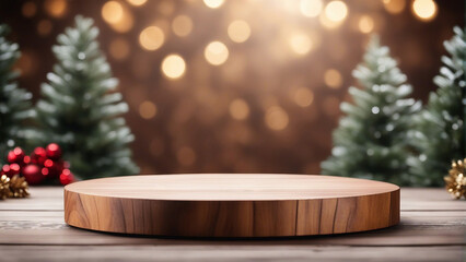 Festive Wooden Podium: Christmas Product Showcase created by AI