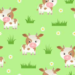 Cute spotted calf grazes in a green meadow. Seamless pattern with little cartoon cows, grass and flowers. Vector illustration of a funny animal. Children's style.