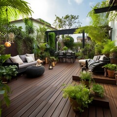 Wooden terrace with furniture and plants in the garden. 3d rendering