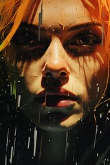 A woman's face beneath a heavy downpour of ink, portraying the overwhelming weight of persistent mental health struggles