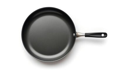 Empty black frying pan isolated on white background with clipping path. Top view. - obrazy, fototapety, plakaty