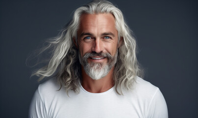 Smiling man with white long stylish hair isolated on gray background