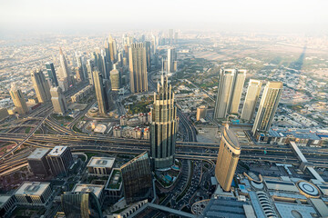 Aerial view of Downtown Dubai with Dubai Fountain and skyscrapers from the tallest building in the world, Burj Khalifa
