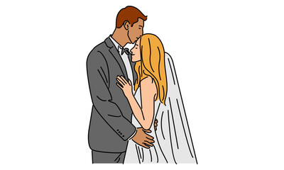 line art color of happy married man and woman. Romantic young wedding couple
