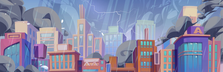 Rainfall in modern city. Vector cartoon illustration of pouring rain and lightning bolt in cloudy sky above skyscrapers, high-rise office and housing buildings with many windows, gloomy cityscape