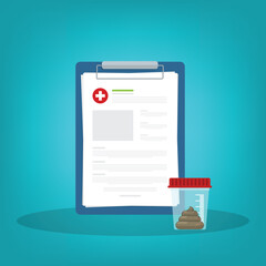 Stool analysis. Stool test. Medical research report clipboard with medical sample in a glass tube.