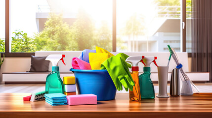 Cleaning supplies on a table - A variety of cleaning tools and products neatly arranged on a tabletop, suitable for promoting household cleaning services or showcasing cleaning products in an organize