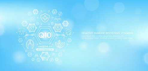 Coenzyme Q10 or Ubiquinone with medical icons. Vitamins minerals from natural essential health skin care body organs healthy. Build immunity antioxidants digestive system. Banner vector EPS10. - obrazy, fototapety, plakaty