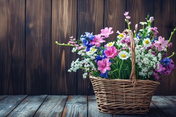 Fototapeta na wymiar Spring flowers in basket on dark wooden background.