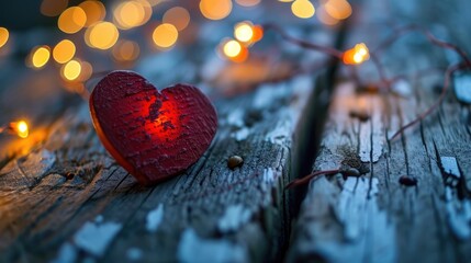 Fototapeta premium Red heart on wood with light on background.